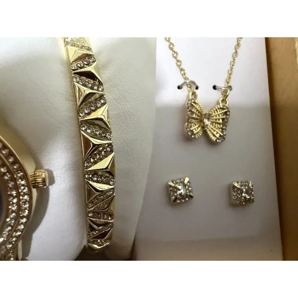 Folio Ladies' Three-Hand Gold-Tone Watch bracelet, necklace and earrings